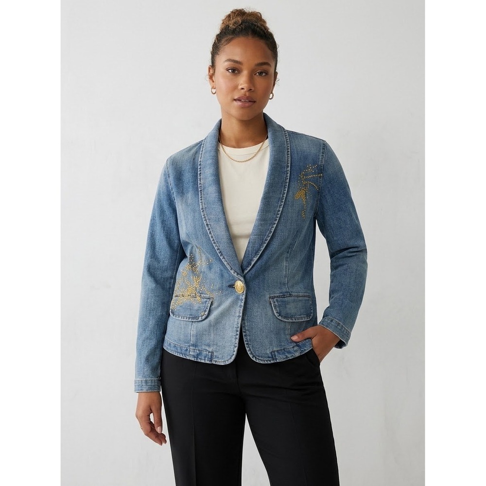 Twain Jeans Rhinestone Butterfly Denim Blazer Jacket Gold Bling Y2K Plus 18/20